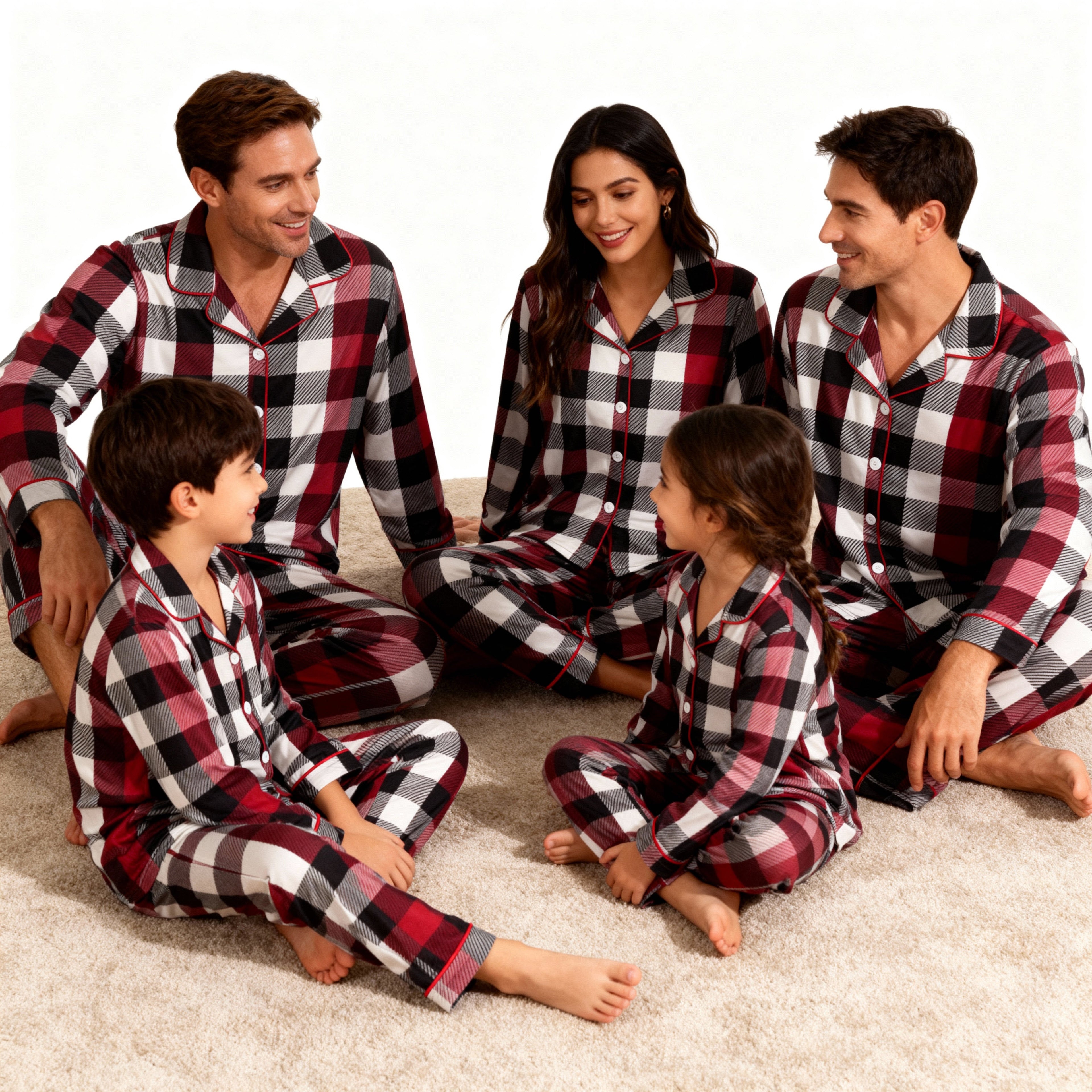 Family Christmas Red and White Plaid Button-Front Pajamas Sets