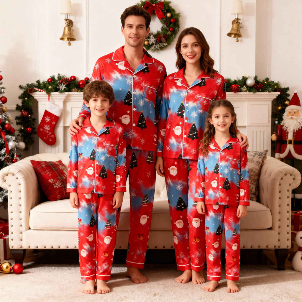 Holiday Family Button-Up Red Tie-dyed Christmas Pajamas Set