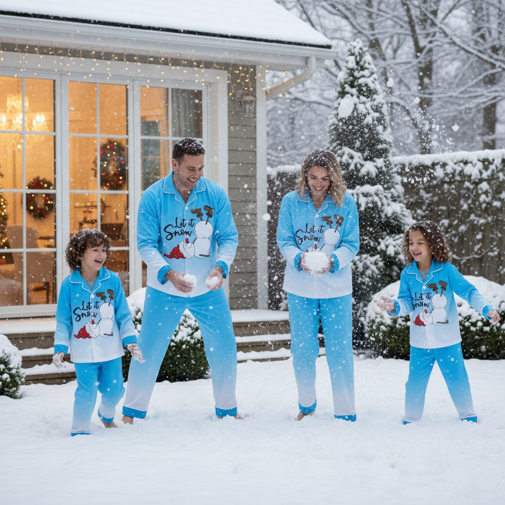 Gradient Color Snowman Button-Up Family Christmas Pajamas Set
