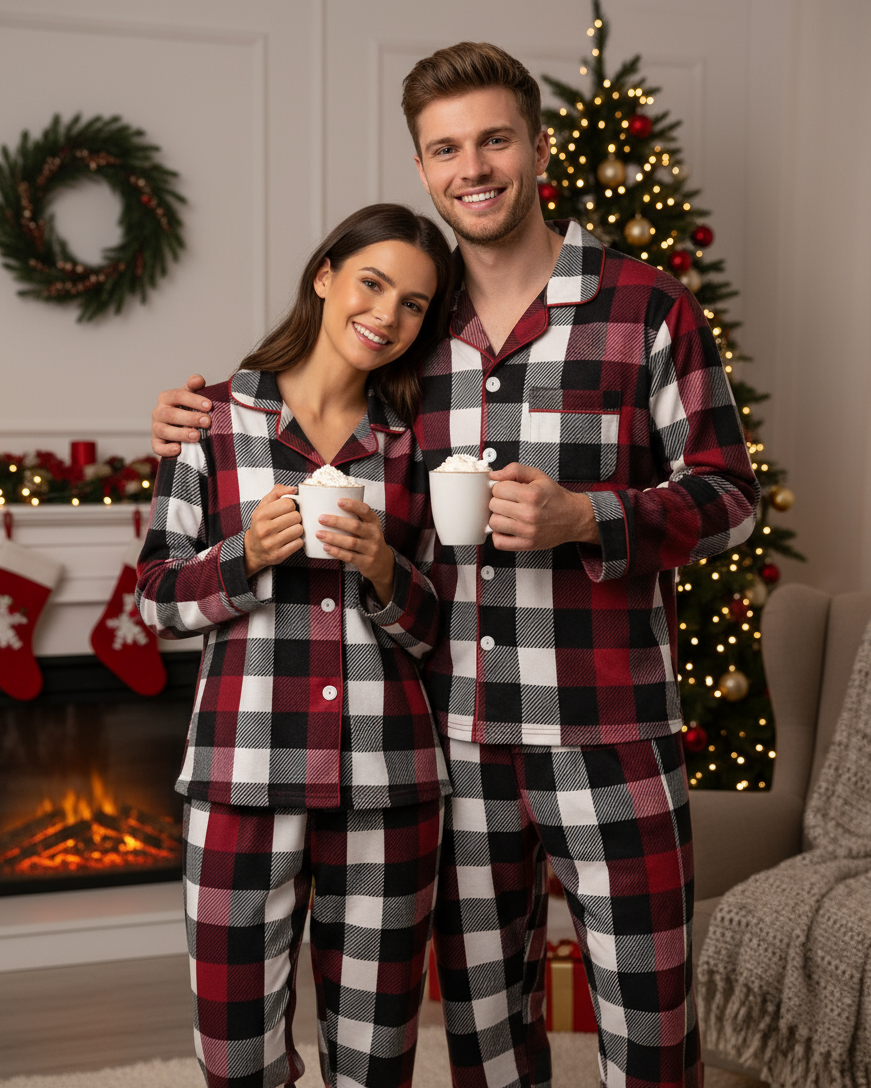 Couple Christmas Red and White Plaid Button-Front Pajamas Sets