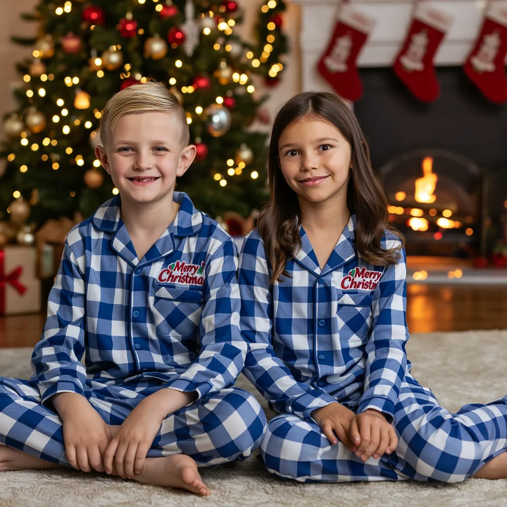Holiday Family Button-down Christmas Blue and White Plaid Pajamas Set