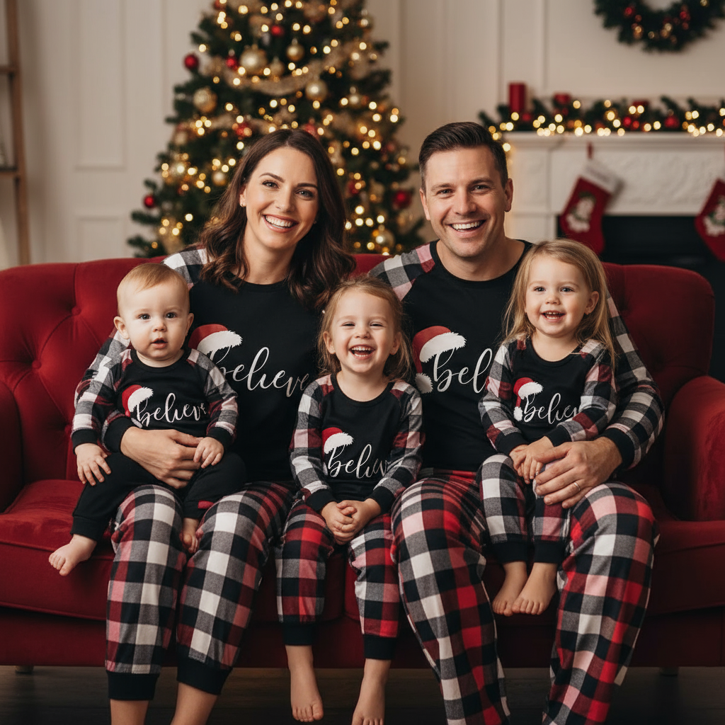 Christmas Hat and ‘Believe“ Letter Print Patterned Plaid Sleeve Contrast Tops and Red & Black & White Plaid Pants Family Matching Pajamas Set With Dog Bandana