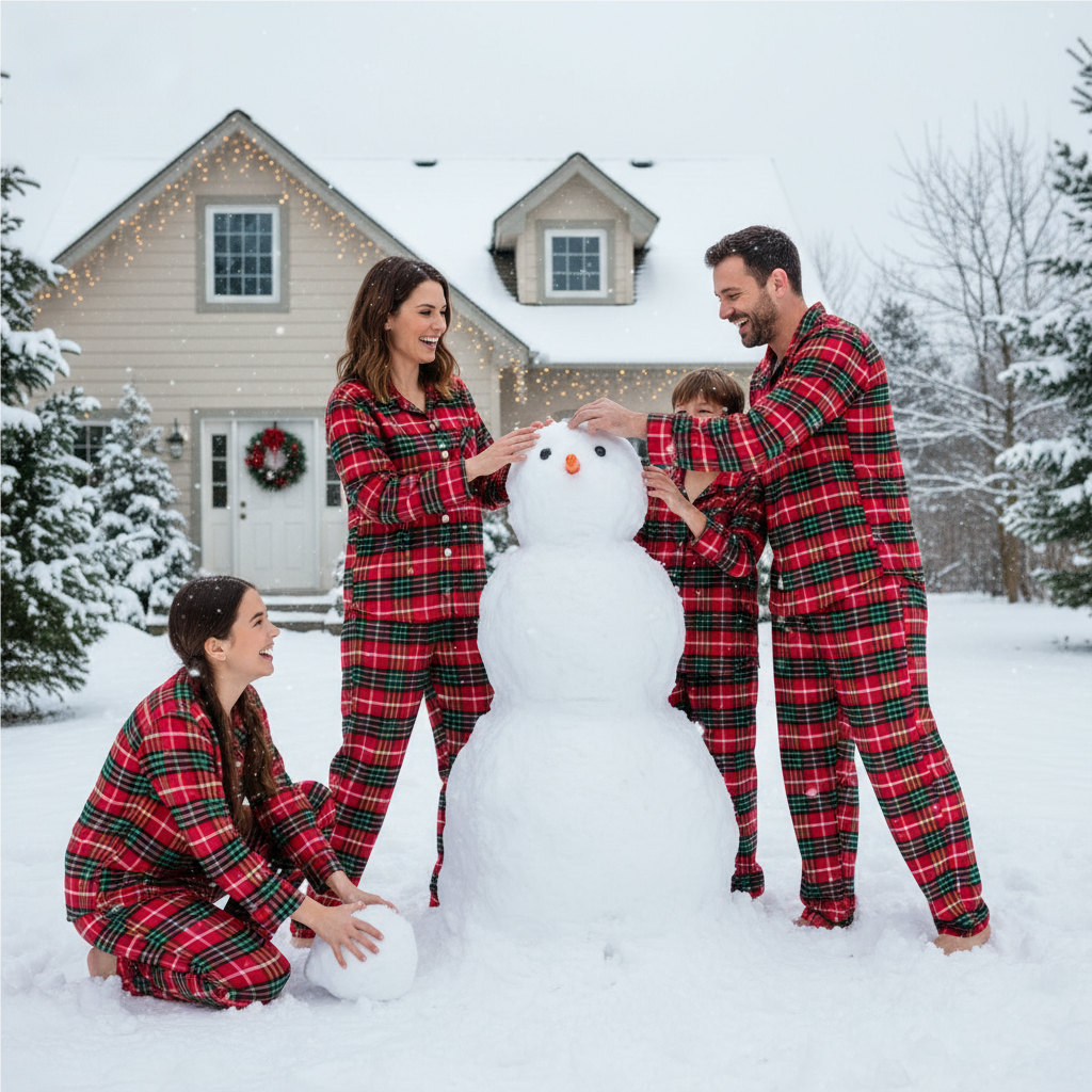 Festive Red and Green Plaid Button-Up Pajamas Set for Family