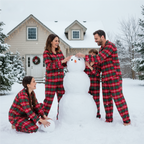 Festive Red and Green Plaid Button-Up Pajamas Set for Family