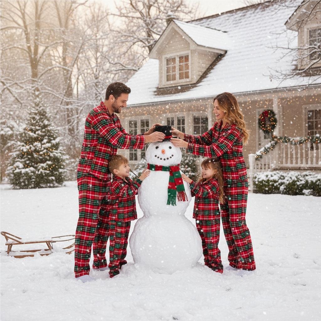 Festive Red and Green Plaid Button-Up Pajamas Set for Family
