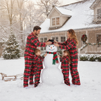 Festive Red and Green Plaid Button-Up Pajamas Set for Family