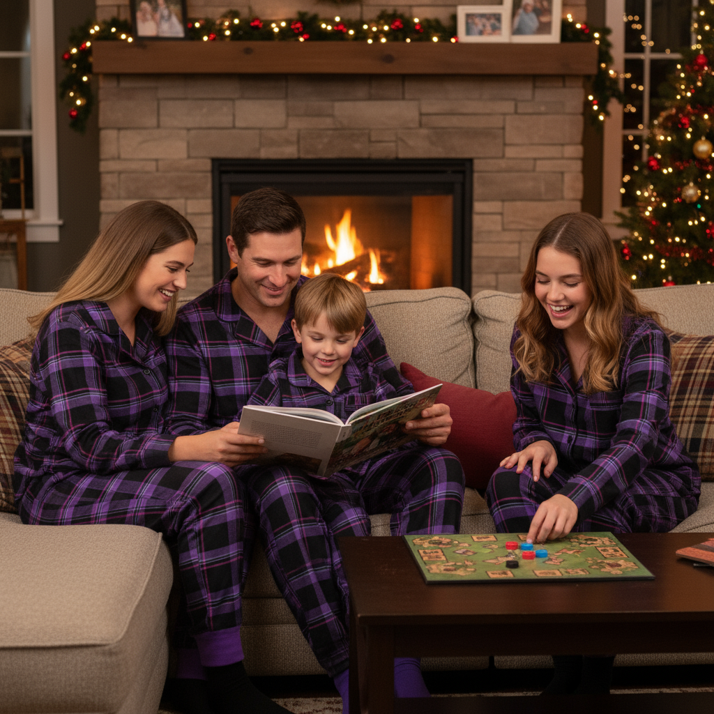 Christmas Purple Plaid Button-Front Pajamas Family Pajamas Sets