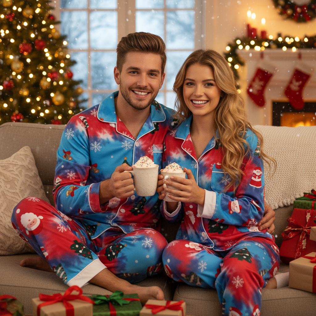 Holiday Couple Button-Up Tie-dyed Christmas Pajamas Set