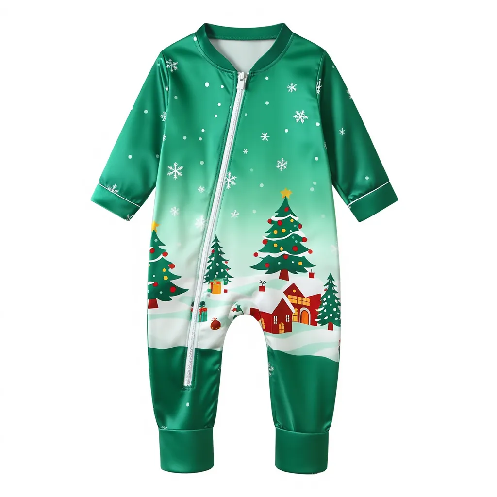 Holiday Family Button-Up Christmas Pattern Printed Green Satin Christmas Pajamas Set