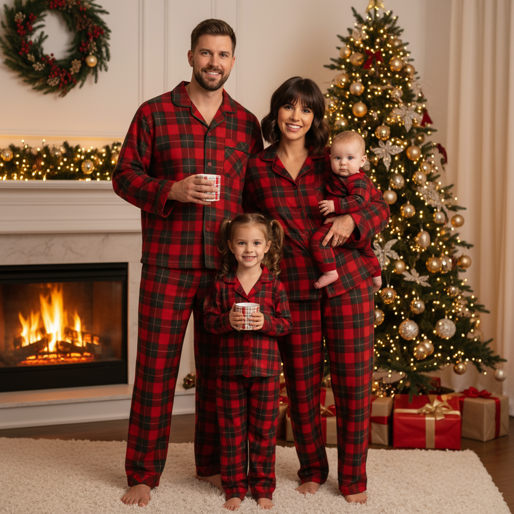 Family Matching Red and Green Plaid Button Up Long-sleeve Pajamas Sets