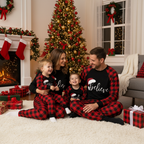Christmas Hat and 'Believe“ Letter Print Patterned Contrast Black top and Black & Red Plaid Pants Family Matching Pajamas Set