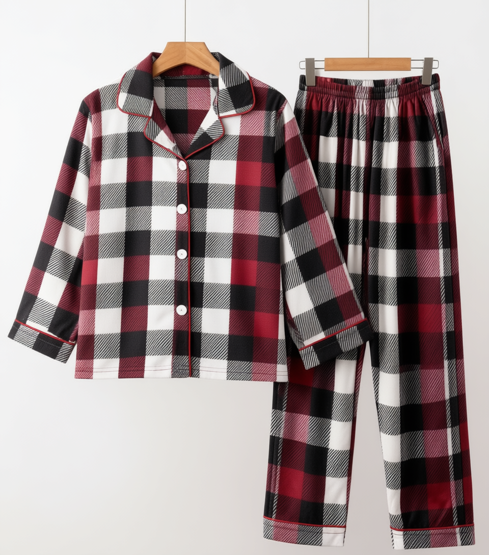 Family Christmas Red and White Plaid Button-Front Pajamas Sets