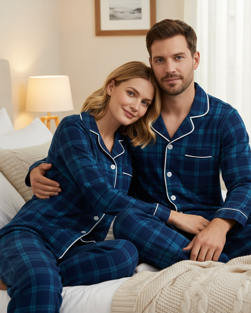 Couple Christmas Blue Plaid Button-Front Pajamas Sets