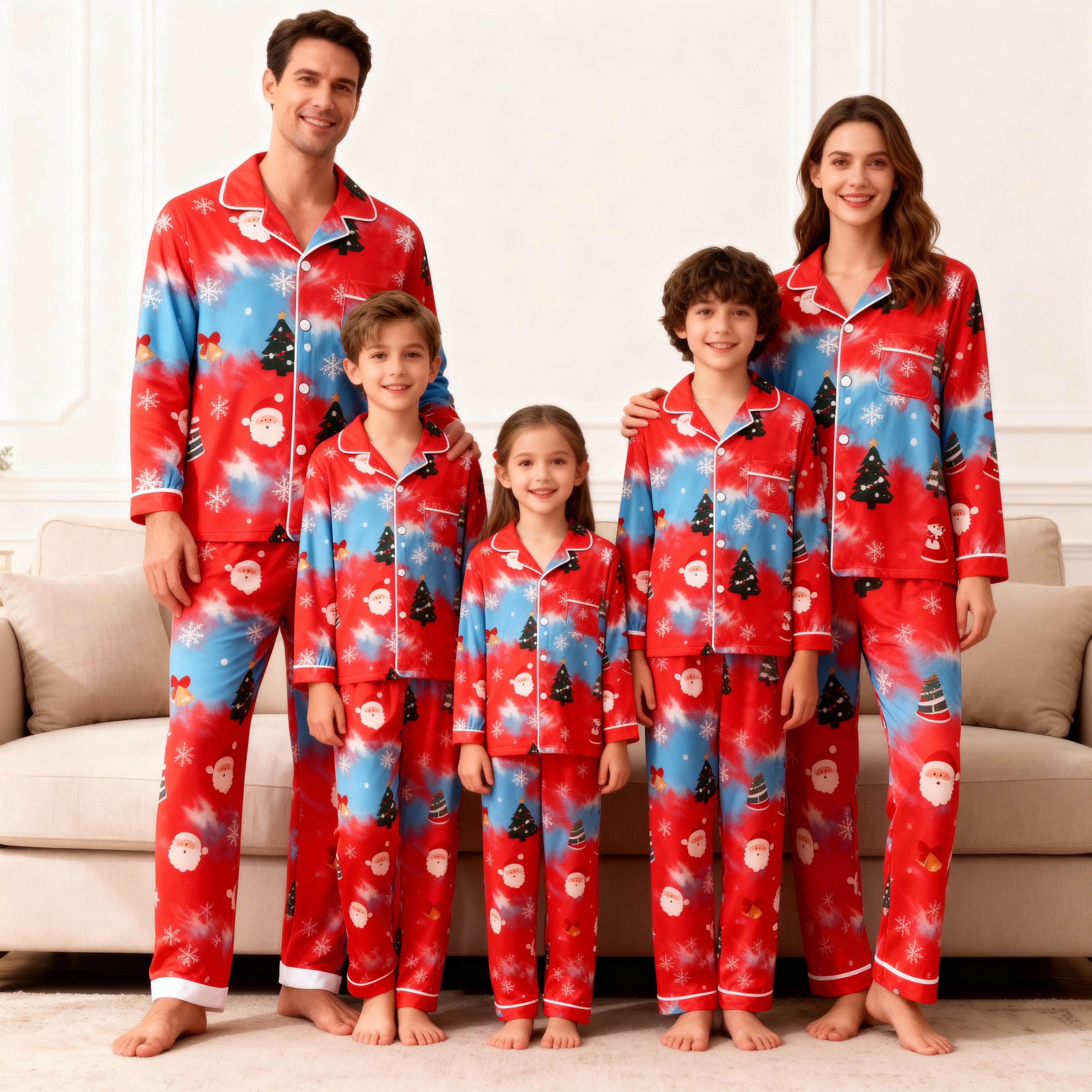 Holiday Family Button-Up Red Tie-dyed Christmas Pajamas Set