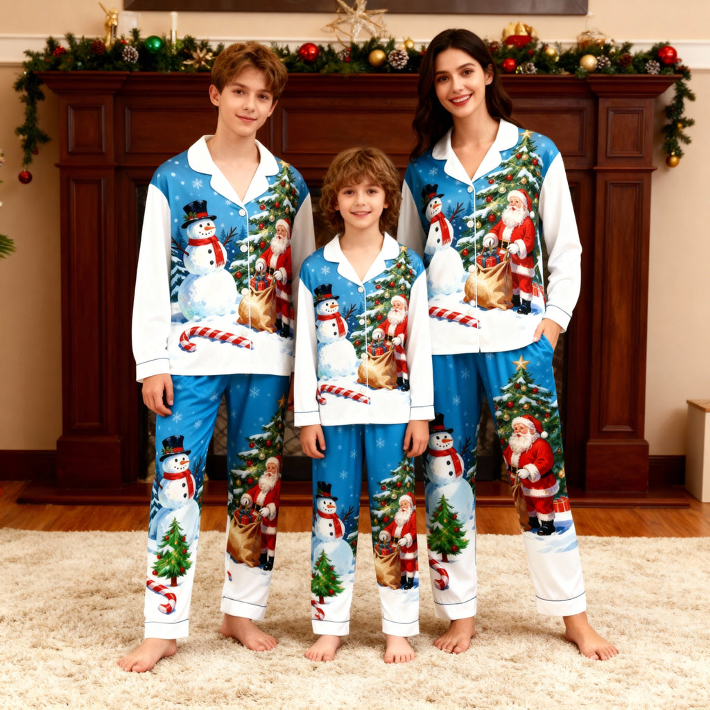 Holiday Family Button-Up Santa and Snowman Printed Satin Christmas Pajamas Set